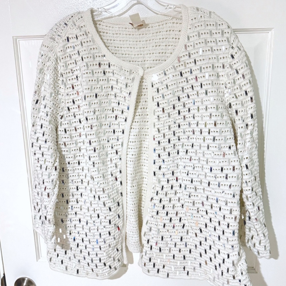 Chicos White Cotton Crochet Sequin Mirror Open Knit Cardigan Sweater Size 3 XL